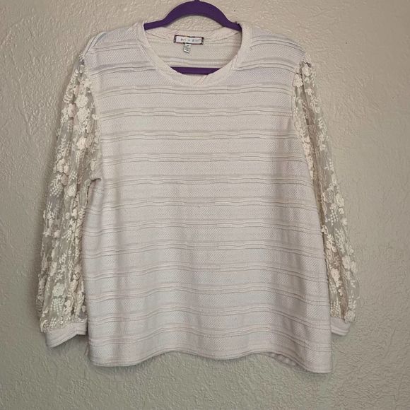 Anthropologie Eri + Ali Striped Pullover Floral Sleeves Size Medium - Picture 1 of 10